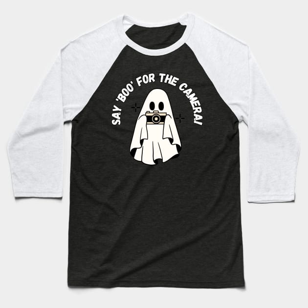 Say 'boo' for the camera! Cute halloween photographer ghost Baseball T-Shirt by Project Charlie